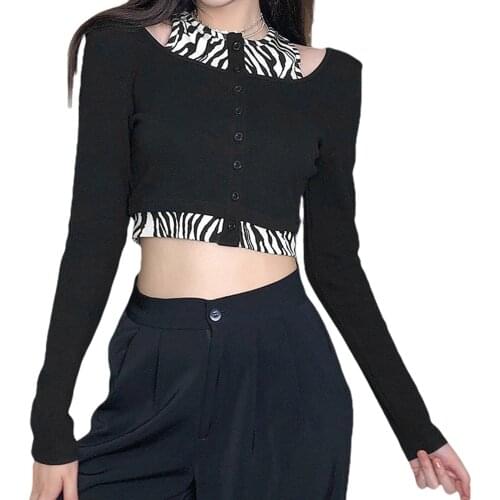 Womens Patchwork T Shirt, Long Sleeve Crew Neck Button Crop Tops, Fake 2 Piece Clothes