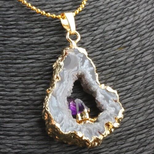 SUNYIK Natural Onyx Geode Slice Pendant Purple Quartz Drusy Crystal Irregular Jewelry (Free Chain)