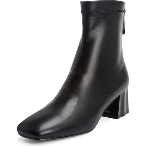 The First Layer Of Leather Back Zip Thick Heel Elastic Boots Exquisite Small Square Head TPR Sole Womens Boots Genuine Leather