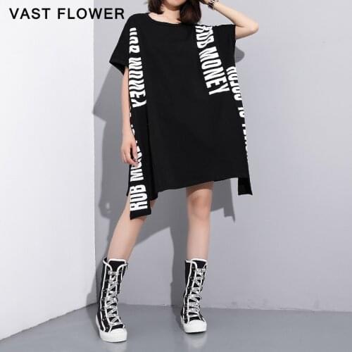 Letter Print Loose Plus Size Irregular Dress Women 2021 Summer Black O Neck Short Sleeve Casual Clothes Vestidos Ladies Dresses