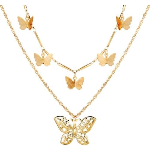 Multilayer Vintage Hollow Pendant Butterfly Gold Chain Necklace For Women Female Simple Butterfly Charm Choker Necklace Jewelry