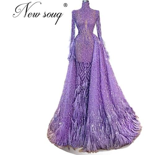 Robe Lilac Feathers Prom Dresses 2020 Arabic Dubai Glitter Beaded Evening Gowns Mermaid See Through Ladies Party Dress Kaftans