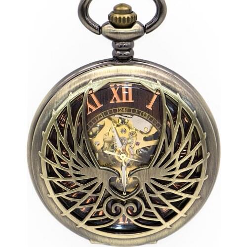 5pcs Drop Shipping Fashion Bronze Rose Gold Roman Numeral Display Mechanical Double Bird Logo Hollow Carving Pocket Watch Gift