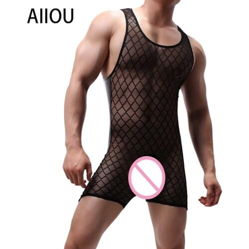 AIIOU Sexy Fishnet Bodysuit Teddies See Through Mesh Sleeveless Gay Sissy Jumpsuits Leotard Wrestling Singlet Black Bodysuit