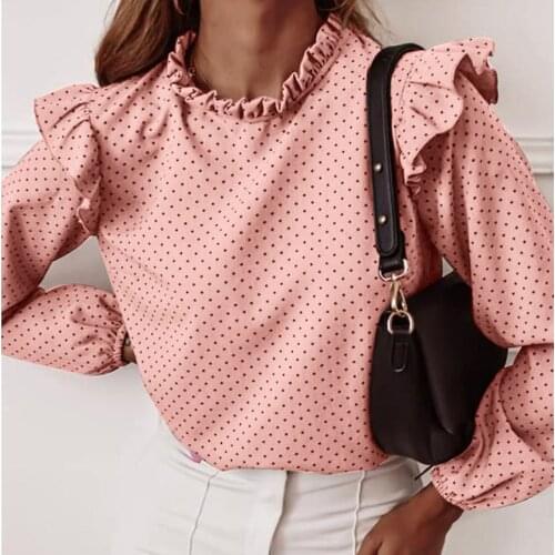 Plus Size Fashion Dot Ruffles Blouse Shirt O-Neck Tops Tee Casual Autumn Winter Ladies Female Women Long Sleeve Blusas Pullover