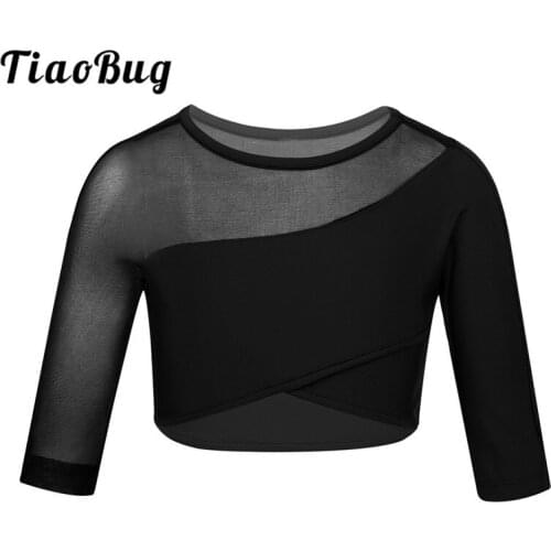 TiaoBug Children 3/4 Sleeves Stretchy Breathable Asymmetrical Ballet Gymnastics Crop Tops Kids Girls Workout Sports Dance Wear