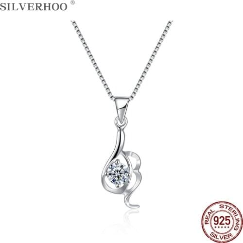 SILVERHOO 100% Sterling Silver 925 Necklace For Women Geometry Wave Clear 5A Cubic Zirconia Pendant Necklaces Silver Jewelry