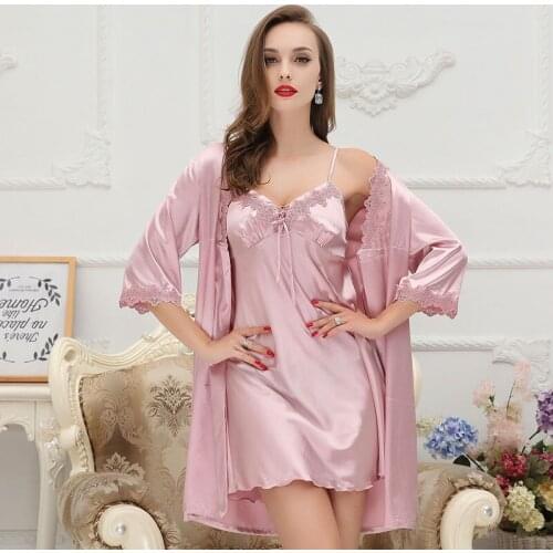 New Summer Womens Sexy Kimono Robe Two-piece Dress Gown Lady Rayon Bath Gown Nightgown Sleepwear Sleepshirts Pijama Mujer Size