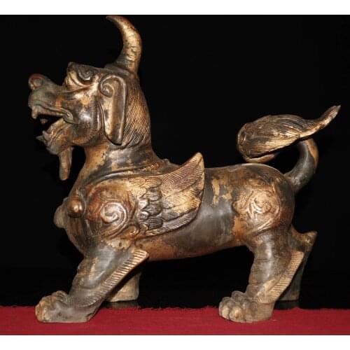 16"Tibet Temple Collection Old Bronze Cinnabar Lacquer unicorn Lucky Nafo Mythical beast Ornaments Town House Exorcism