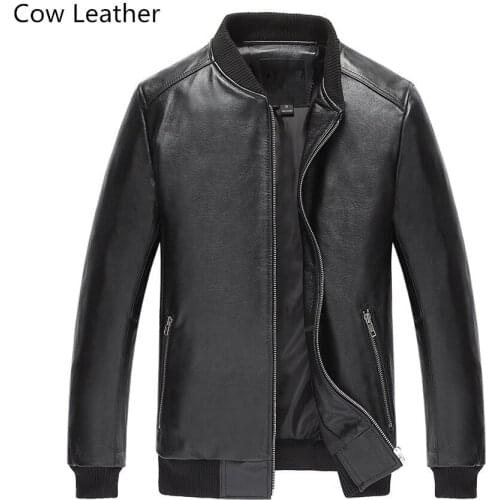 Real Cow Leather Jacket Men Quality Sheepskin Leather Bomber Jackets Winter Autumn Motocycle Plus Size 19-803 MF602
