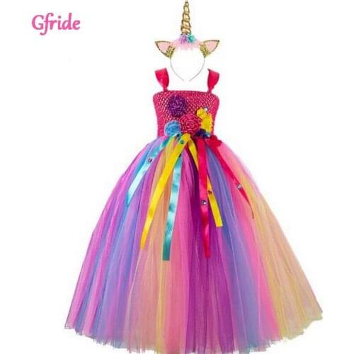 Unicorn Costume For Girl Candy Long Dress With Headband Halloween Kids Unicorn Lollipop Birthday Party Tulle Colorful Dress