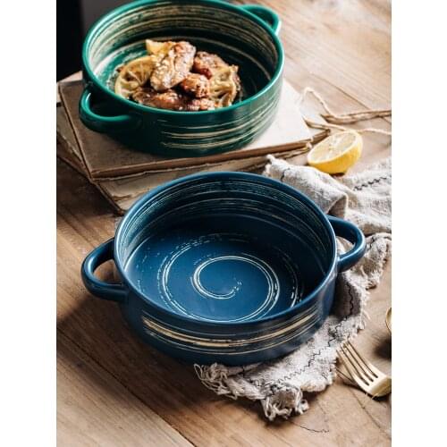 Creative ceramic double ear bowl breakfast bowl salad bowl household tableware cheese baking bowl baking baking bowl baking tray