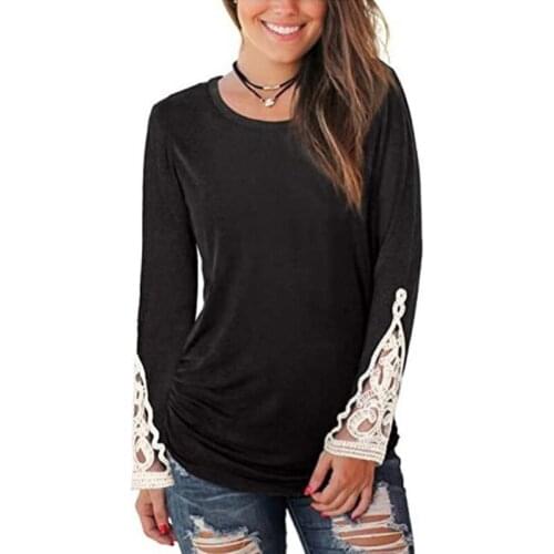 Lace Patchwork Long Sleeve Folds O Neck Solid Color T Shirt Women Casual Loose All Match Tops Ladies Plus Size Tees