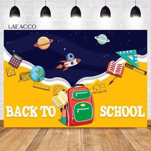 Laeacco Photography Background Student Back to School Backdrops Blackboard Cartoon Rocket Astronaut Party Decor For Photo Studio