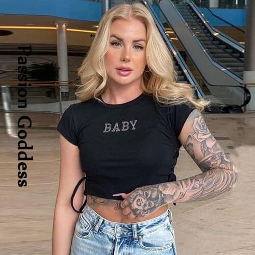 Summer Women Shiny Rhinestone Cropped Shirt Short Sleeve Slim Side Drawstring T Shirt Femme Cute Letter Hot Drilling T-shirts