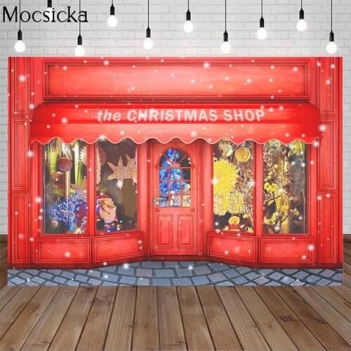 Mocsicka Xmas Christmas Photography Background Christmas Shop Backdrop Red Shop Children Portrait Decoration Props Photo Studio
