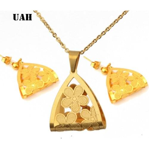 UAH Fashion Necklace Earring Sets Stainless Steel Gold Color Flower Pendant With Free 45cm Chain Necklaces