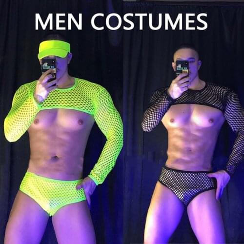 Men Fluorescent Top Briefs Women Gogo Clothing Mesh Fake Perspective Suit Sexy Nightclub Ds Costume Pole Rave Outfits XS2132