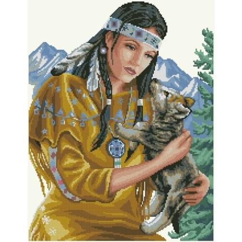 11/14/16/18/27/22/25ct Cross Stitch Kit Hunter Beauty and Beast Indian Lady Woman Girl and Wolf Cub luca-s luca