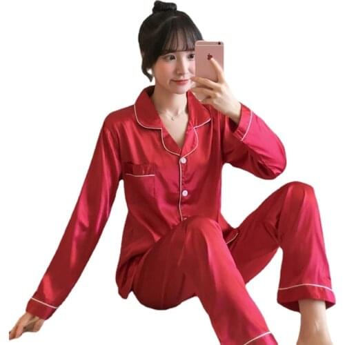 New Home Clothes for Girl Solid Long Pyjamas Turn-down Collar Women Sleepwear Plus Size Lingerie Femme Silk Pajamas Set 4XL 5XL