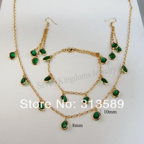 YELLOW GOLD GP OVERLAY HIGH SHINNING GREEN CZ STONE NECKLACE BRACELET EARRING WITH WATER DROP CHARM SET/GREAT GIFT