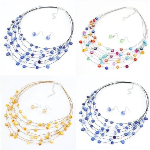 Shell Pearl Beads Necklace Earrings Fashion Women Jewelry Set Layered Choker Ethnic Boho Collar Vintage Bib Beach Gypsy Gifts