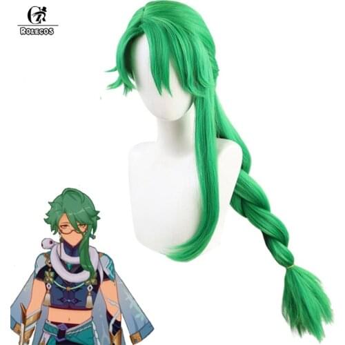 ROLECOS Genshin Impact Baizhu Cosplay Wig Game Genshin Green Baizhu Wig Cosplay Headwear Heat Resistant Synthetic Hair