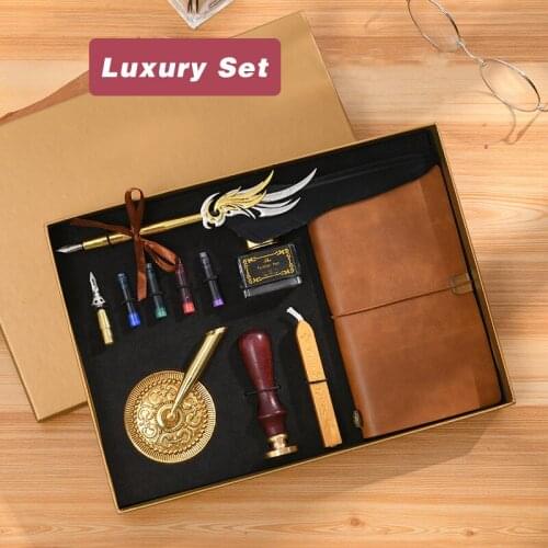 Creative Feather Pen Luxury Fountain Pen Set Calligraphy Writing Dip ink Pen Feather Notebook Wax Seal Gift Box Dark green Quill