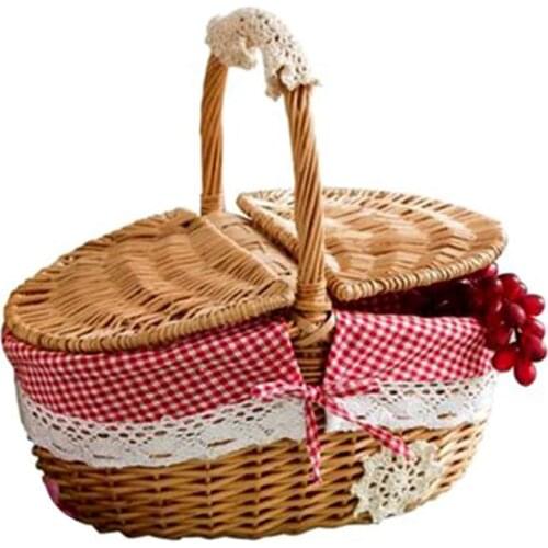 Hand Made Wicker Basket Wicker Camping Picnic Basket Shopping Storage Hamper and Handle Wooden Wicker Picnic Basket