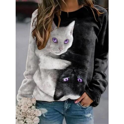 3d Cat Print Round Neck Long Sleeve Pullover Sweatshirt Womens Sweatshirt Ladies Hoodie Cat Super Dalian Hoodie Pullover Hoodie