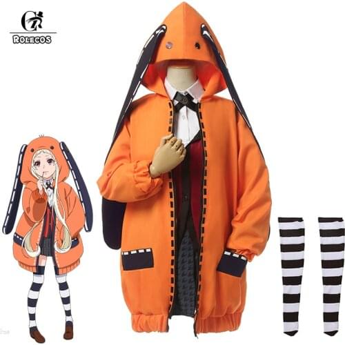 ROLECOS Anime Kakegurui Cosplay Costumes Runa Yomozuki Cosplay Costume Women Halloween Full Set Coat Orange Jacket with Socks
