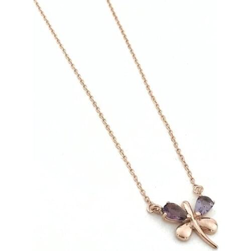 Amethyst Tiny Dragonfly Butterfly Silver Necklace