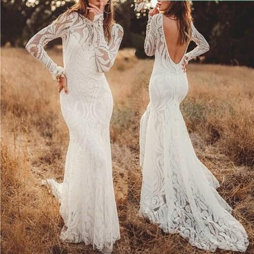 2021 Boho Mermaid Wedding Dresses Elegant Lace Long Sleeves Sweep Train Backless Floor Length Bridal Gowns Country Style Robe