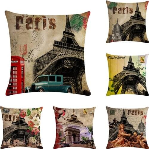 Vintage Paris Eiffel tower Cushion Cover Throw Pillow Covers Butterfly Flower 45x45cm Pillow Case for Sofa Car Pillowcases