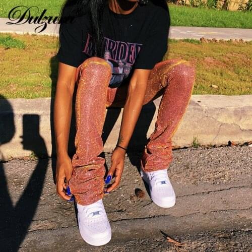 Dulzura Bling Glitter Sequin Women High Waist Stacked Pants Skinny Sexy Streetwear 2020 Autumn Winter Casual Sporty Trousers