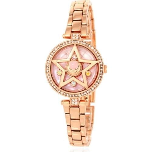 Rose Gold Crystal Moon Limited Quartz Crystal Stars Wrist Watch For Women Ladies Wristwatch Cosplay Jewelry Birthday Gift