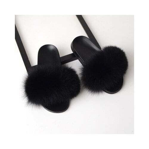 Fake Fur Slides Women Fur Slippers Furry Fox Fur Flip Flops Women Zapatillas De Mujer Cute Fluffy Shoes Raccoon Rainbow Shoe