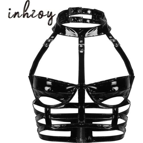 Womens Black Patent Leather Lingerie Bralette Halter Open Half Cups Caged Erotic Bra Sexy Crop Tops Punk Gothic Rave Clubwear