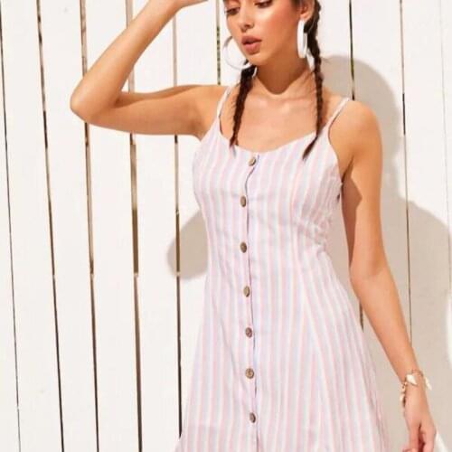 2021 New Summer Leosoxs Womens Fashion Sexy Stripe V Neck Stripe Spaghetti Backless Lace Up Sleeveless Button Ladies Mini Dress