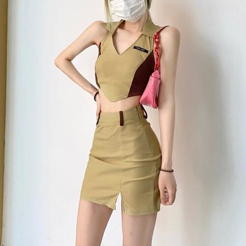 Sylcue Summer 2021 new restoring ways spells color 2 two piece dress backless top High waist skirt Casual Clothing wild dress