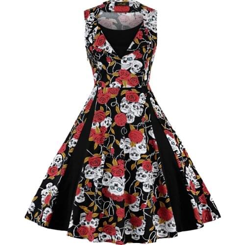 Vintage Skull Print Dress Women Retro 50s 60s 70s Plus Size 5XL Swing Rockabilly Pin Up Dress 2021 Audrey Hepburn Robe Vestidos
