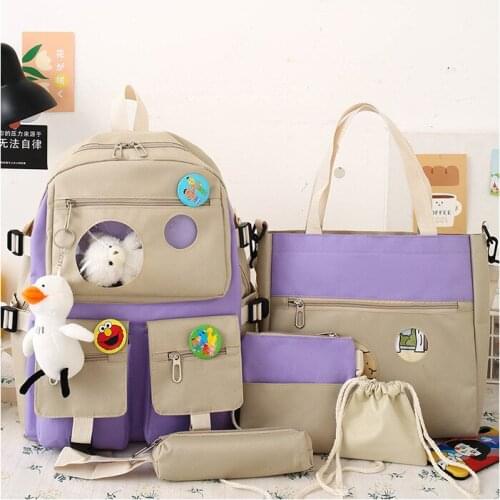 5 Pcs Set Harajuku Women Laptop Backpack Canvas School Bags For Teenage Girls Kawaii College Student Kids Book Bag Rucksack 2021