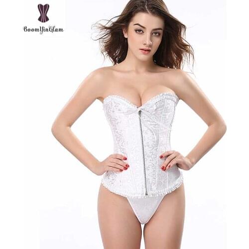 Zipper Lace Up White Bridal Corset Overbust Corselet Lingerie Sexy Wedding Bustier Corsage Floral Elastic Boned Korset Waist Top