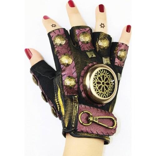 Corzzet Punk Rock Pink Leather&Rivets Studded Half Finger Gothic Vintage Gloves Acceossories Cosplay Costume Party