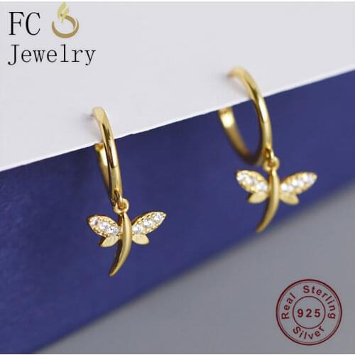 FC Jewelry 925 Silver Golden Round Clip Insect Dragonfly Cuibc Zirconia Hoop Earring For Girls Teen Gift Boucle Summer 2020 NEW