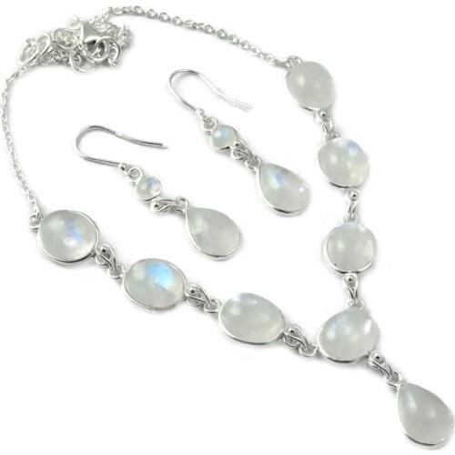 Genunie Rainbow Moonstone Necklace + Earrings set 925 Sterling Silver, 44 cm, MHBNE0161