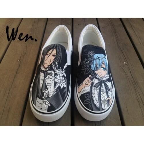 Wen Design Custom Black Butler Anime Hand Painted Shoes Slip On Low Flat Men Womens Canvas Sneakers Strapless Lazy Plimsolls