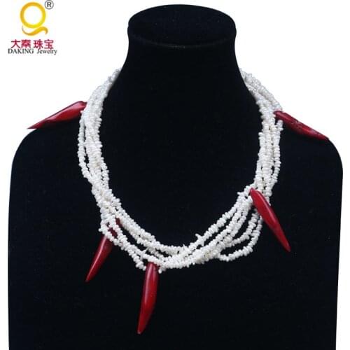 Fashion twisted 5 rows 3-4mm white freshwater pearl chips necklace chili pepper coral bead decorate choker statement necklace