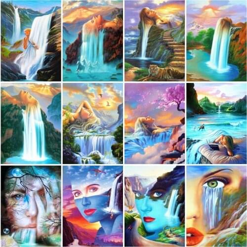 AZQSD DIY Oil Painting Waterfall Girl Hand Paind Kit Canvas Painting By Numbers Landscape Living Room Decoration 40x50cm