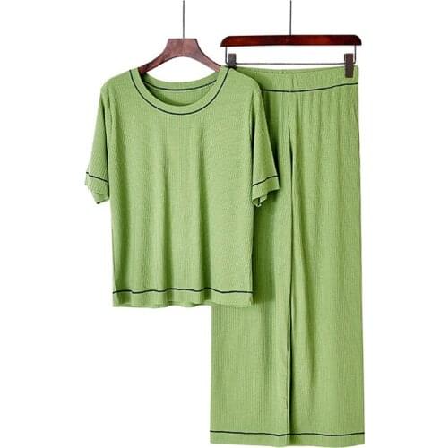 New simple pajamas women short-sleeved trousers sleepwear set modal seamless home suit round neck sweet ladies pijama mujer